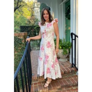 Buru x Megan Stokes Pink Floral Ruffle Sleeve Midi Maxi Dress Sz. S